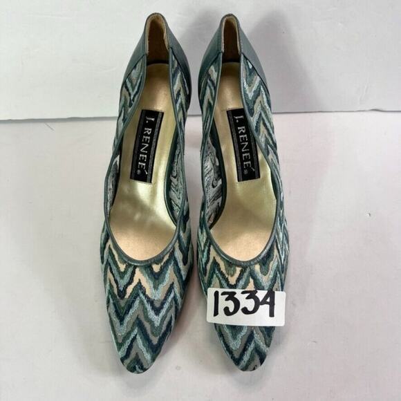J. Renee Shoe Womens 9 M Heel Pump Blue Chevron Pattern Pointed Toe Leather Upp - Picture 5 of 12